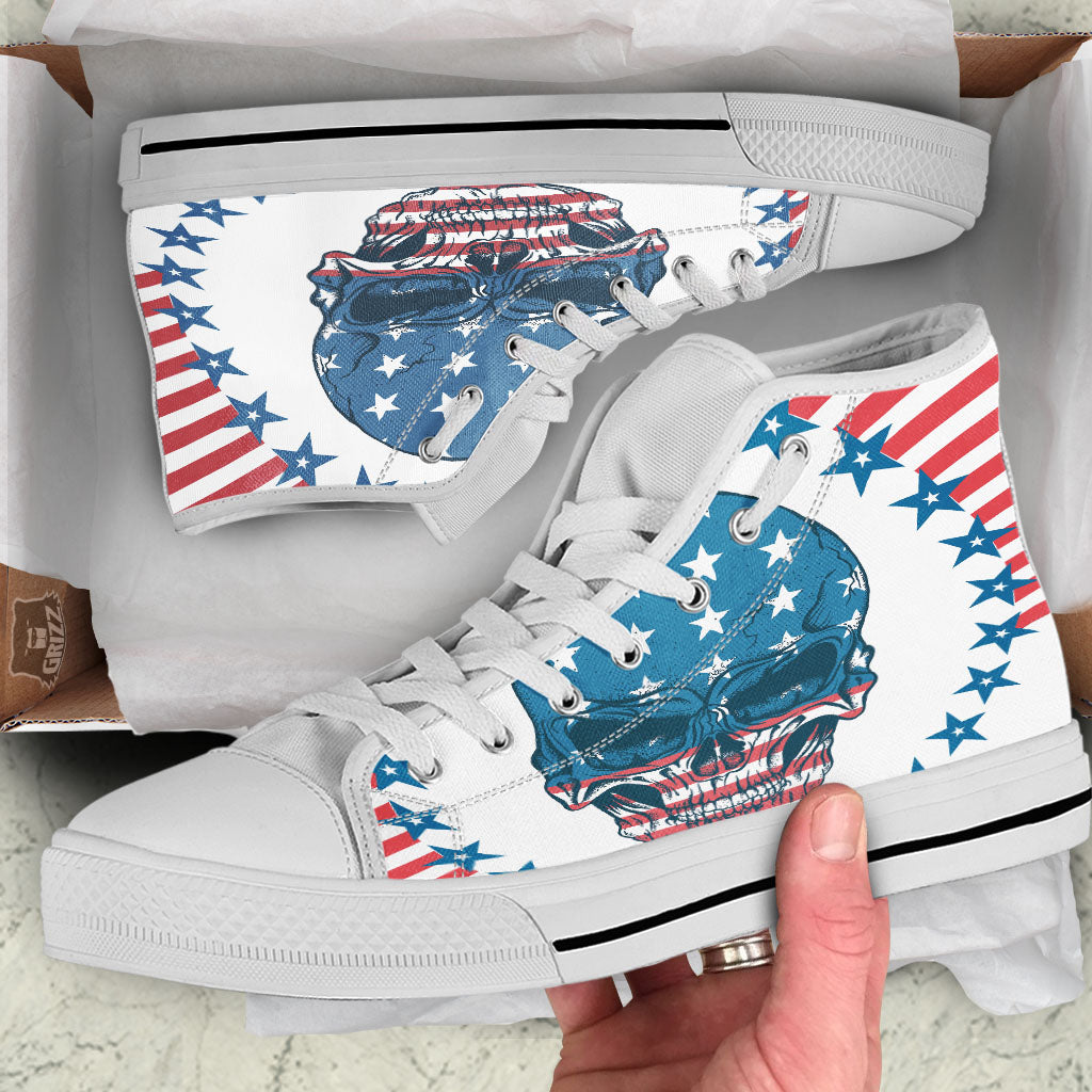 Skull Patriotic American Print White High Top Shoes-grizzshop