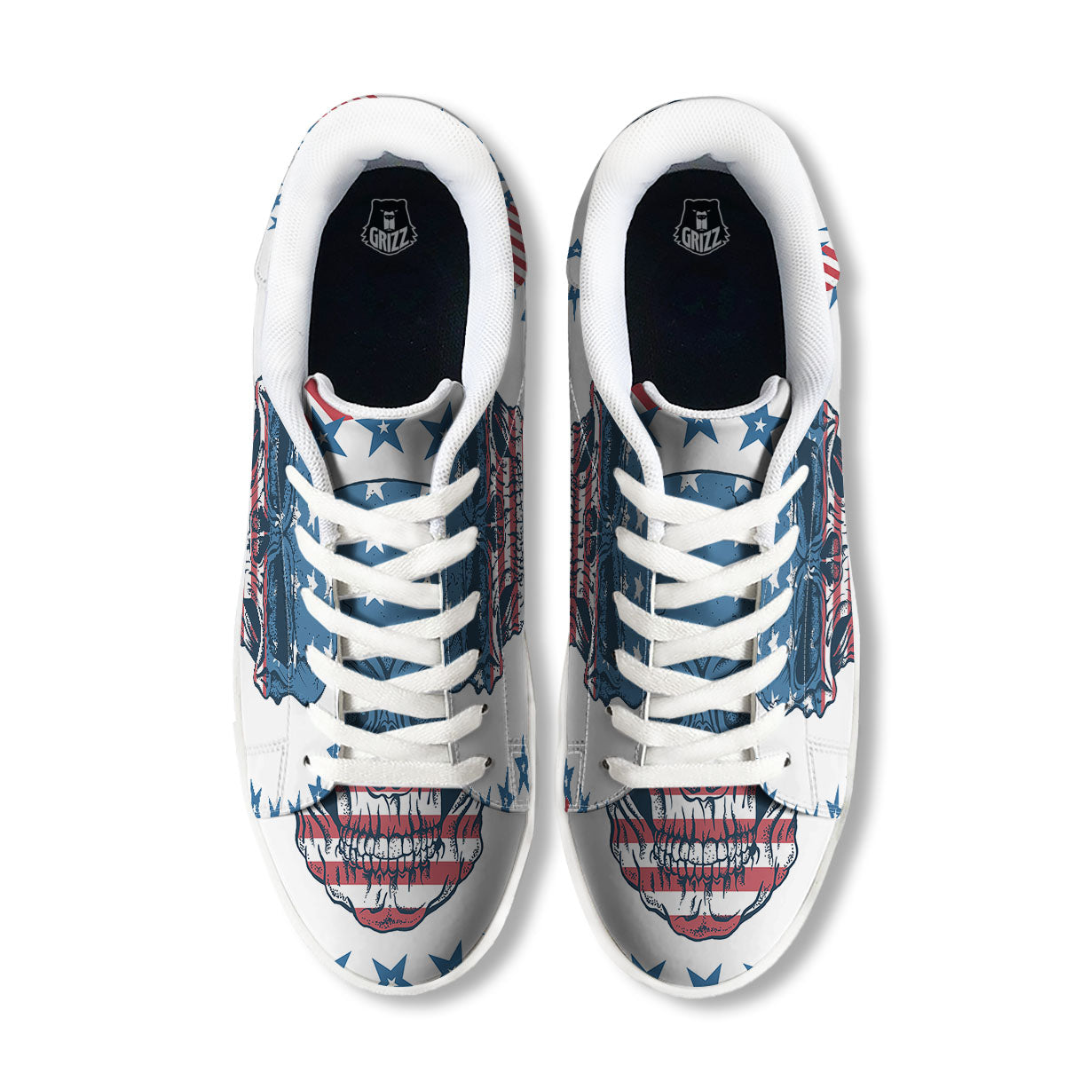 Skull Patriotic American Print White Low Top Sneakers-grizzshop