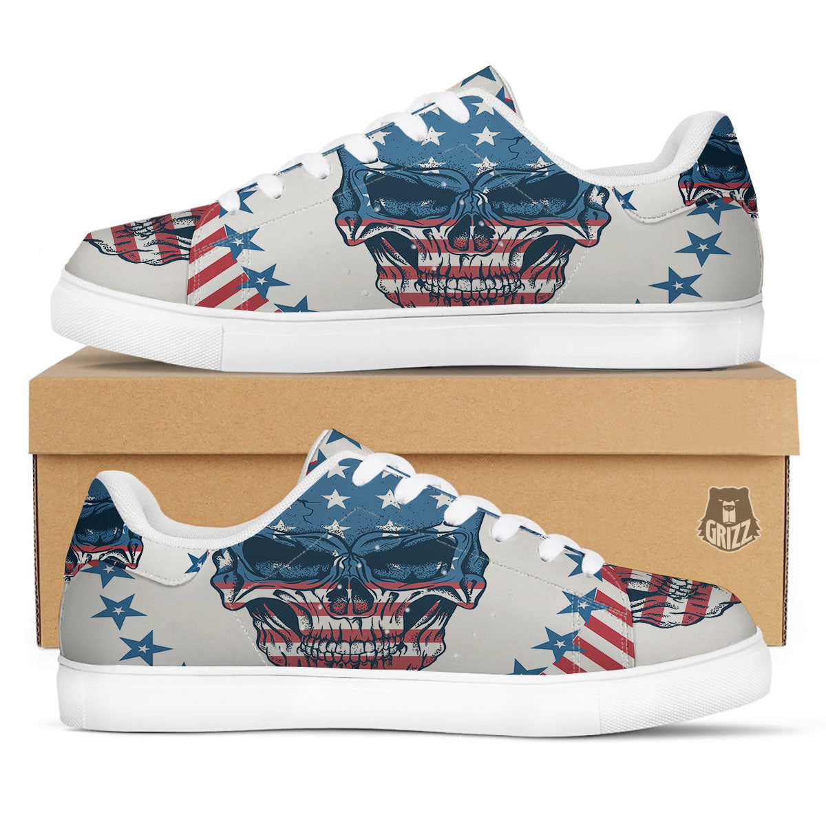 Skull Patriotic American Print White Low Top Sneakers-grizzshop