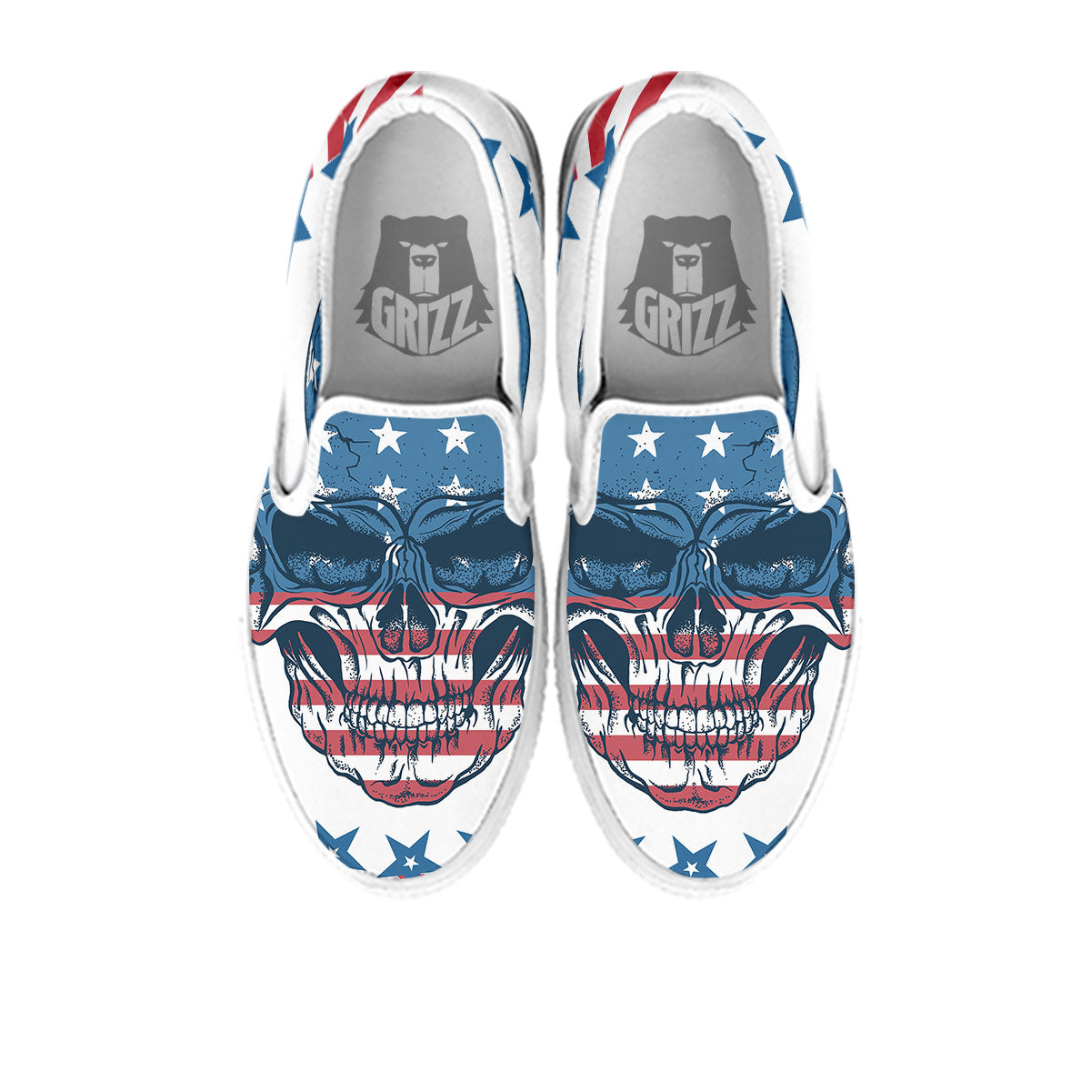 Skull Patriotic American Print White Slip On Shoes-grizzshop