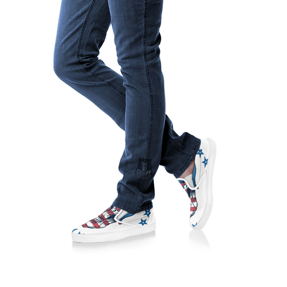 Skull Patriotic American Print White Slip On Shoes-grizzshop