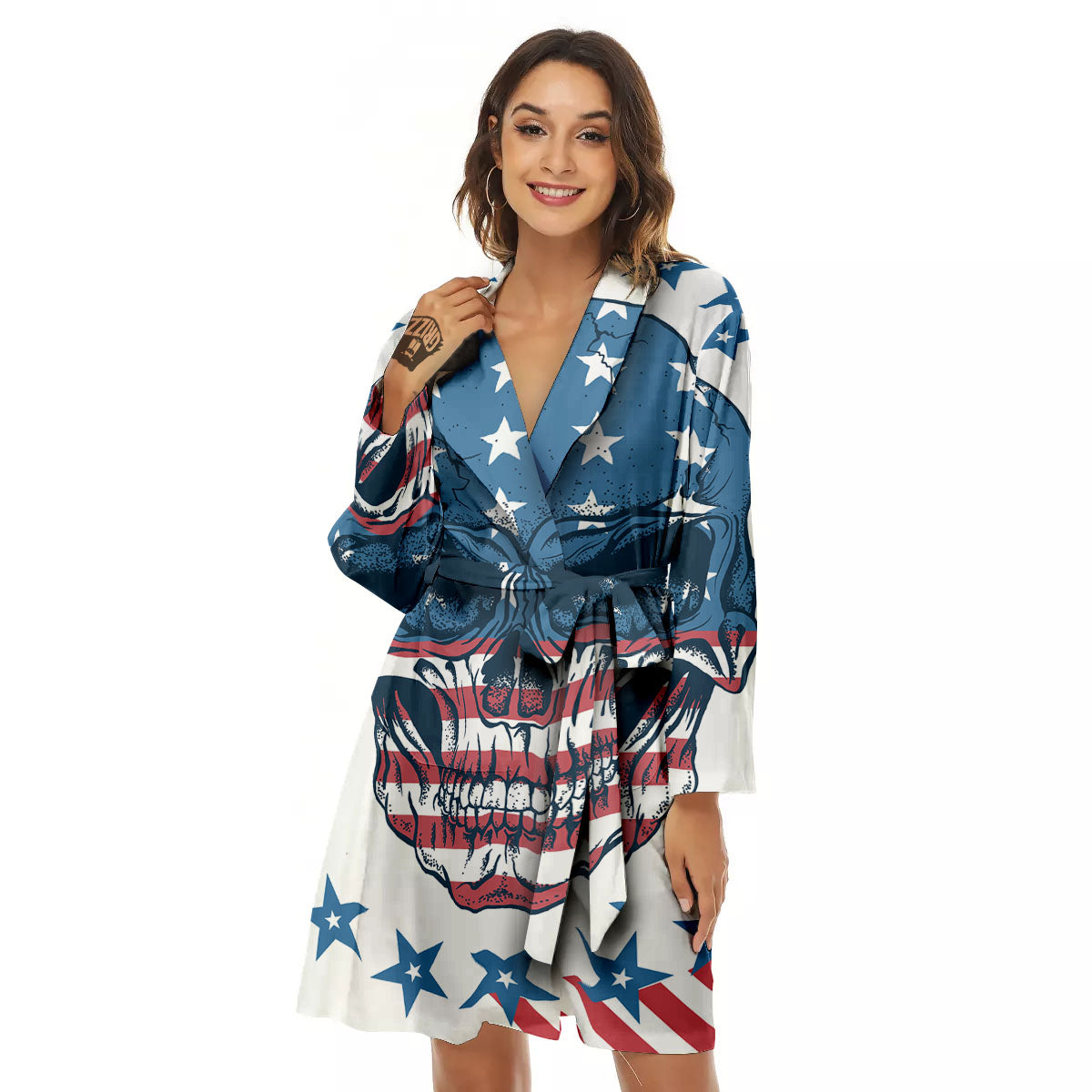 Skull Patriotic American Print Women's Robe-grizzshop
