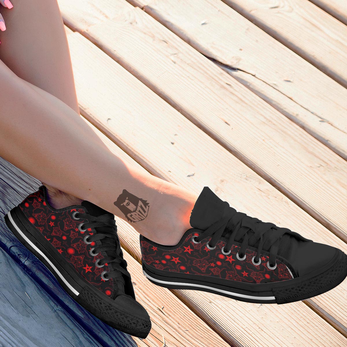Skull Pentagram Satan Goat Print Pattern Black Low Top Shoes-grizzshop
