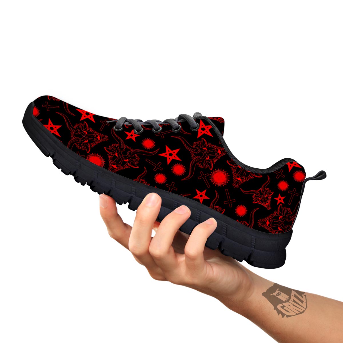 Skull Pentagram Satan Goat Print Pattern Black Sneaker-grizzshop