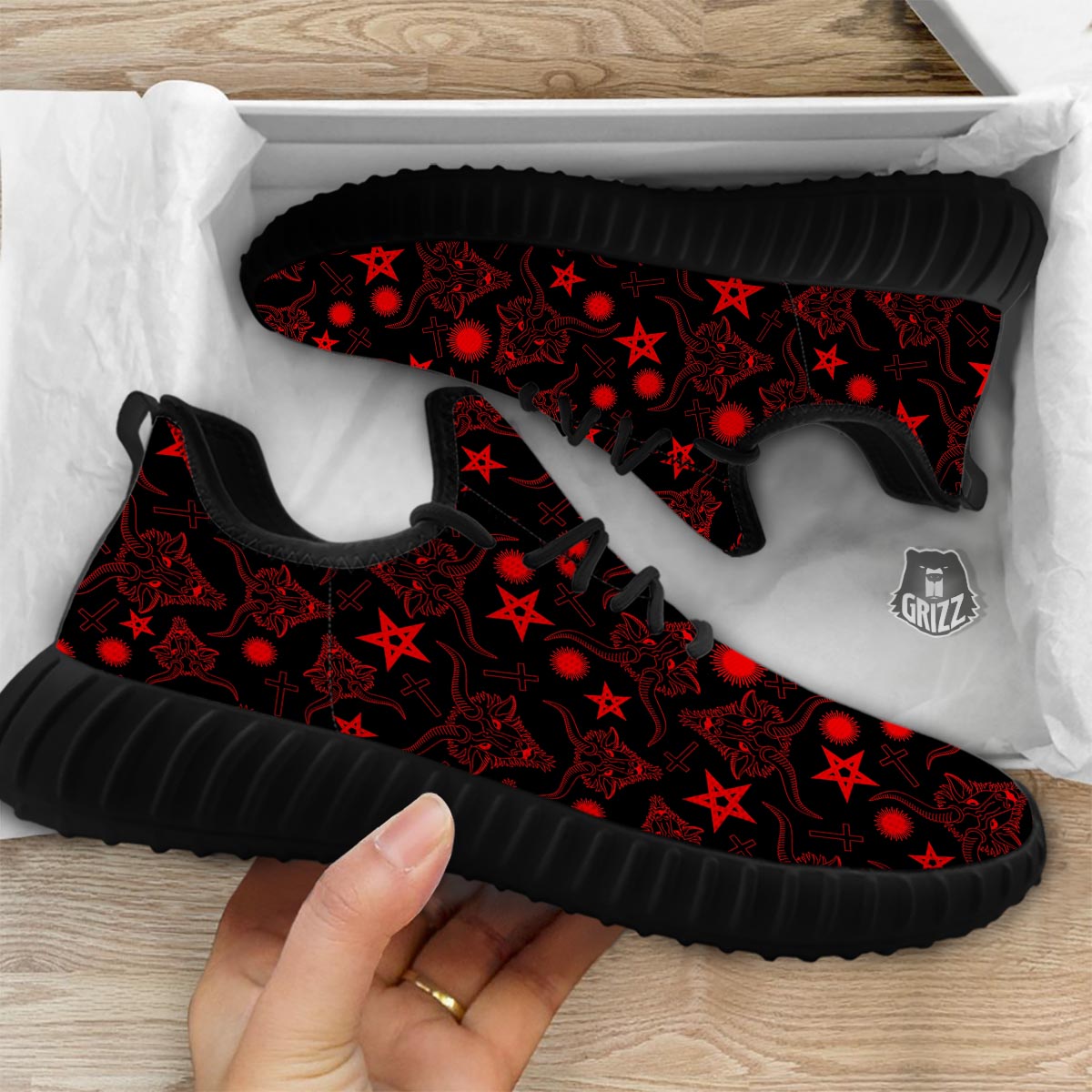Skull Pentagram Satan Goat Print Pattern Black Walking Shoes-grizzshop