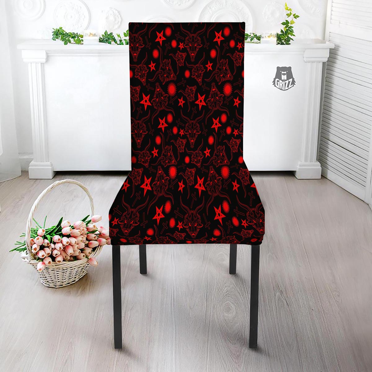 Skull Pentagram Satan Goat Print Pattern Dining Chair Slipcover-grizzshop