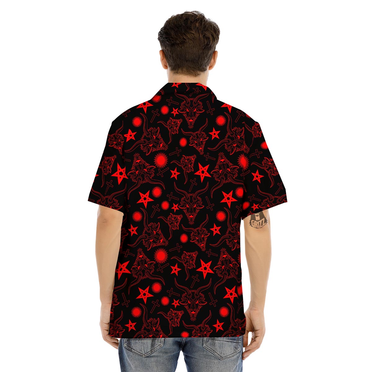 Skull Pentagram Satan Goat Print Pattern Men's Hawaiian Shirt-grizzshop