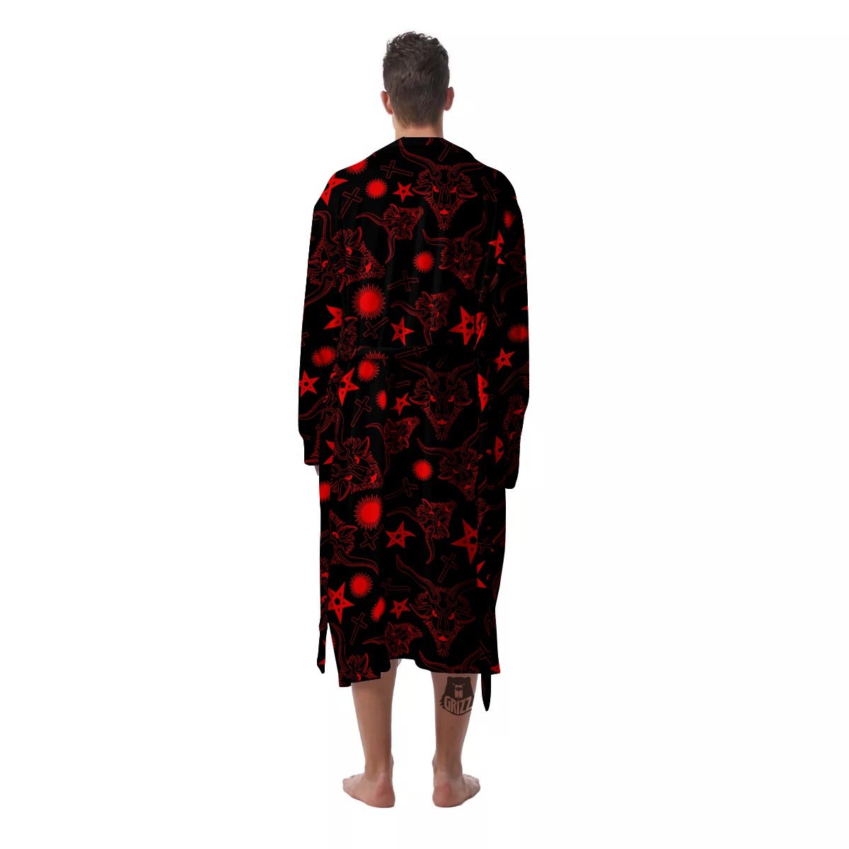 Skull Pentagram Satan Goat Print Pattern Men's Robe-grizzshop