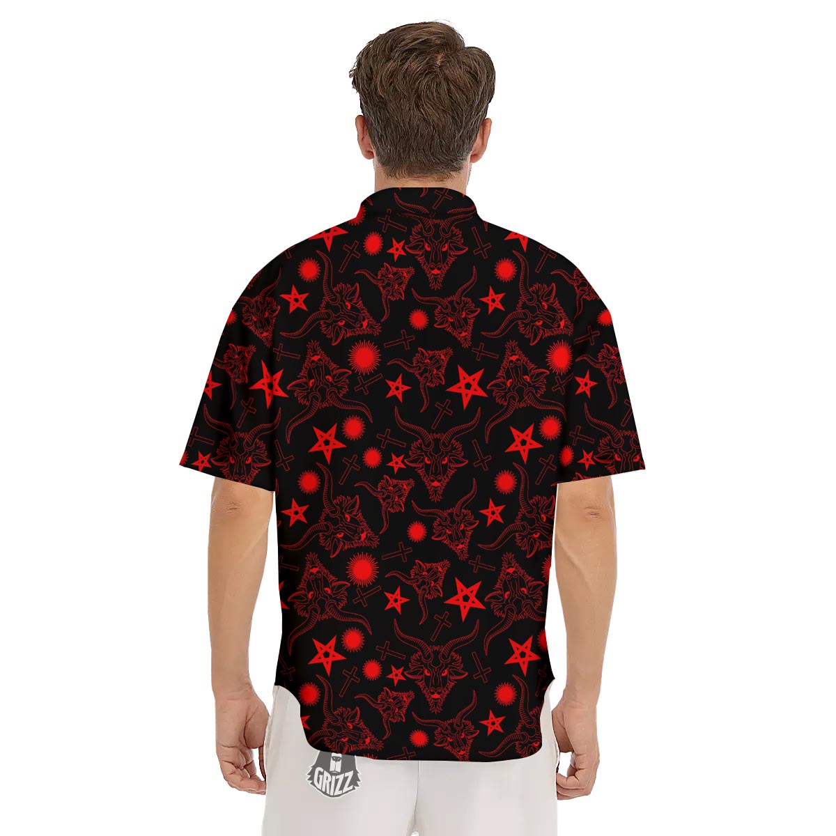 Skull Pentagram Satan Goat Print Pattern Men's Short Sleeve Shirts-grizzshop