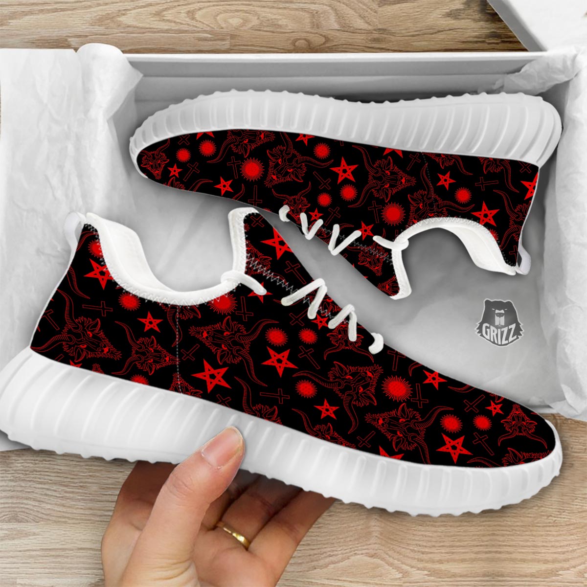 Skull Pentagram Satan Goat Print Pattern White Walking Shoes-grizzshop
