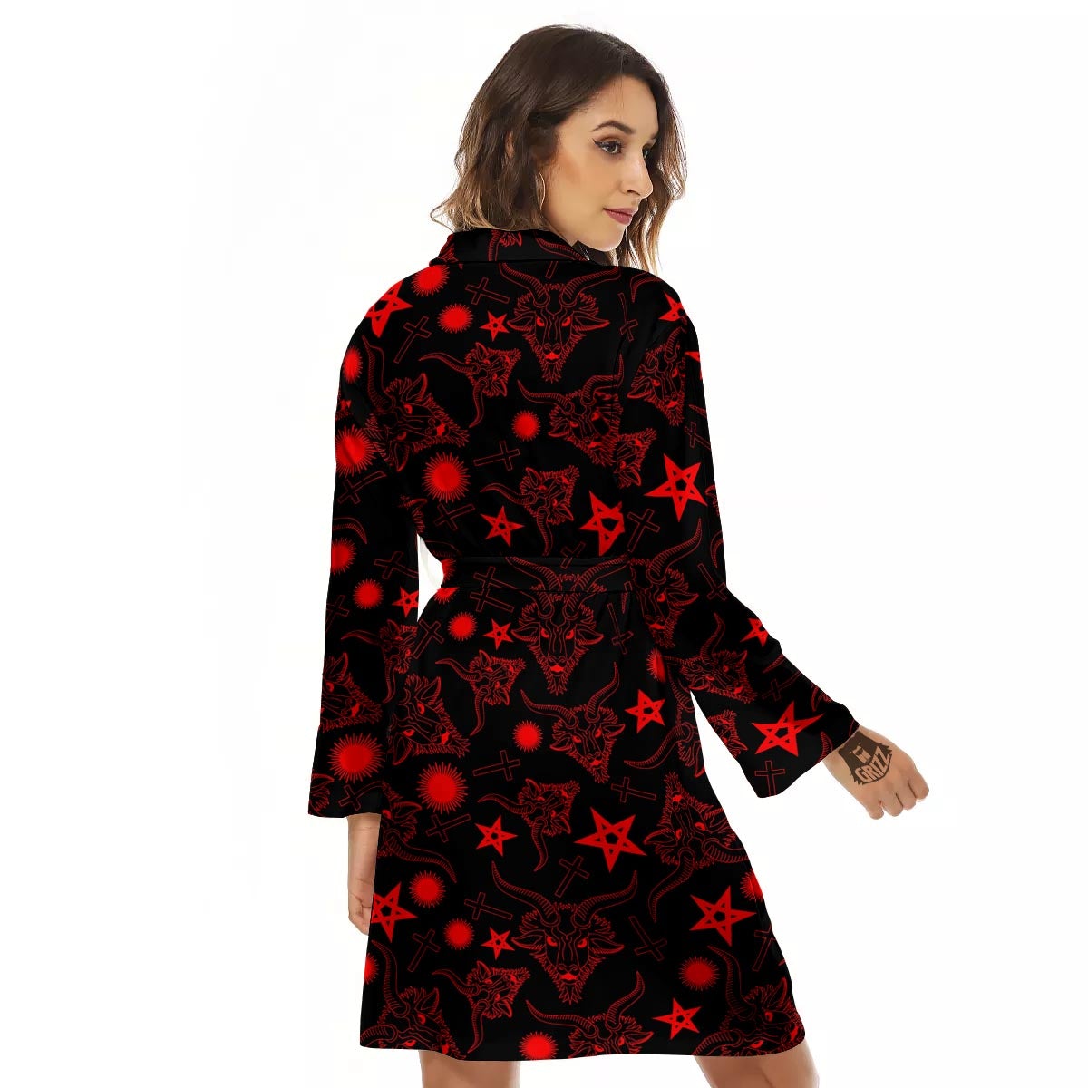Skull Pentagram Satan Goat Print Pattern Women's Robe-grizzshop