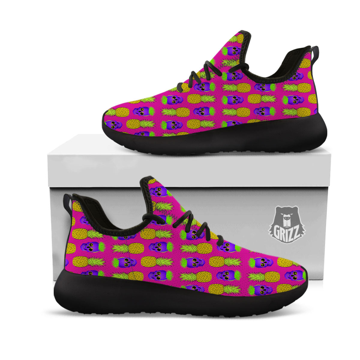 Skull Pineapple Print Pattern Black Athletic Shoes-grizzshop