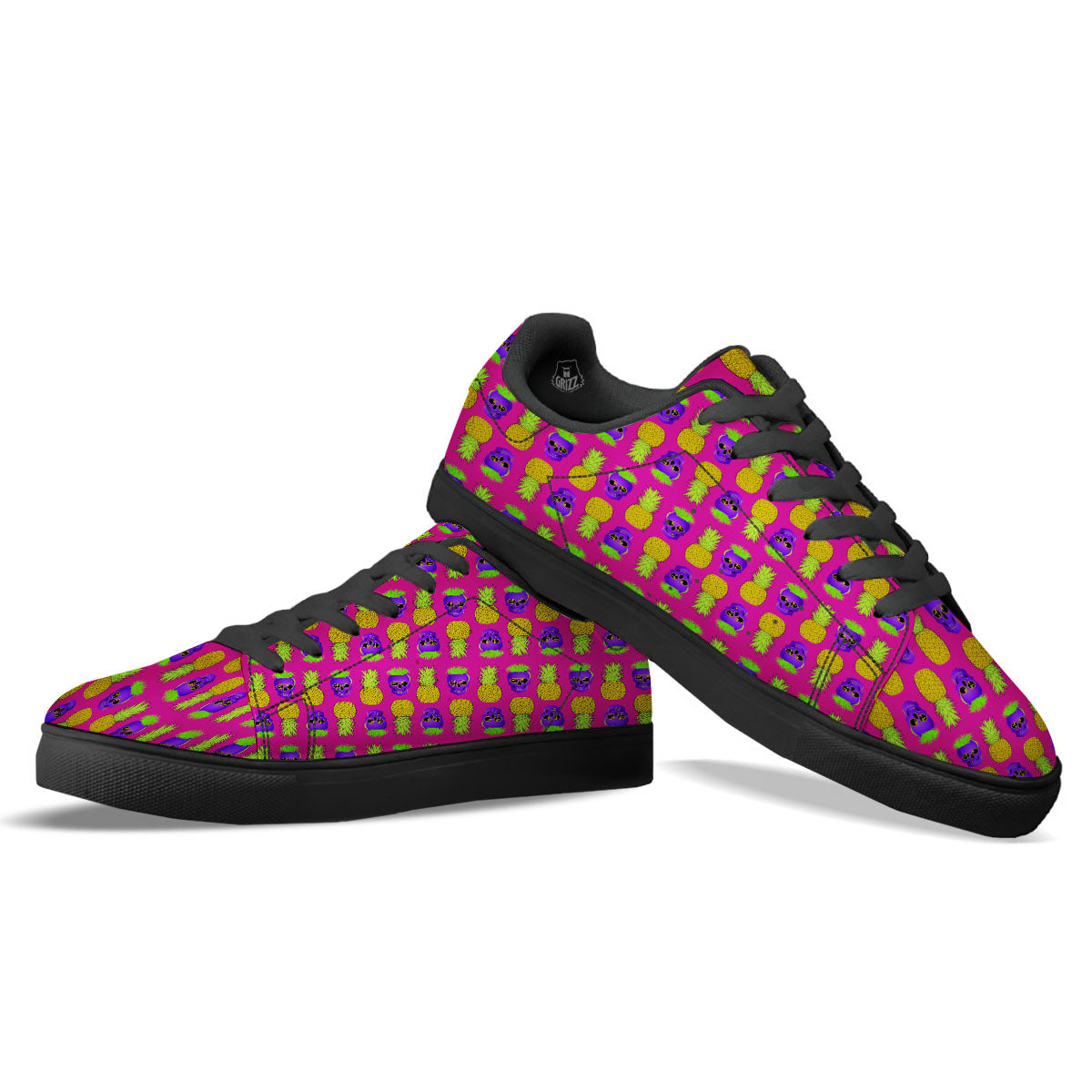 Skull Pineapple Print Pattern Black Low Top Sneakers-grizzshop