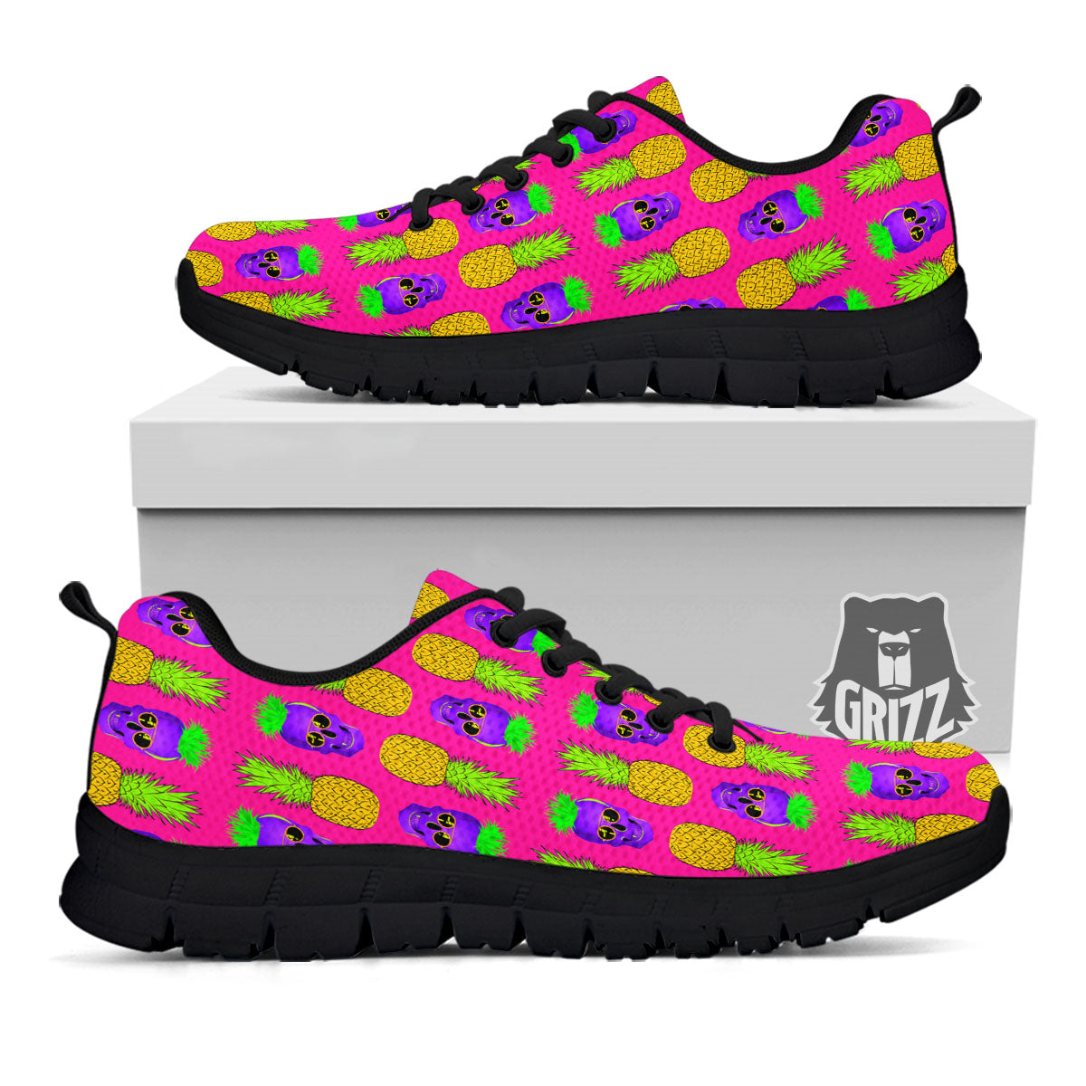 Skull Pineapple Print Pattern Black Sneaker-grizzshop