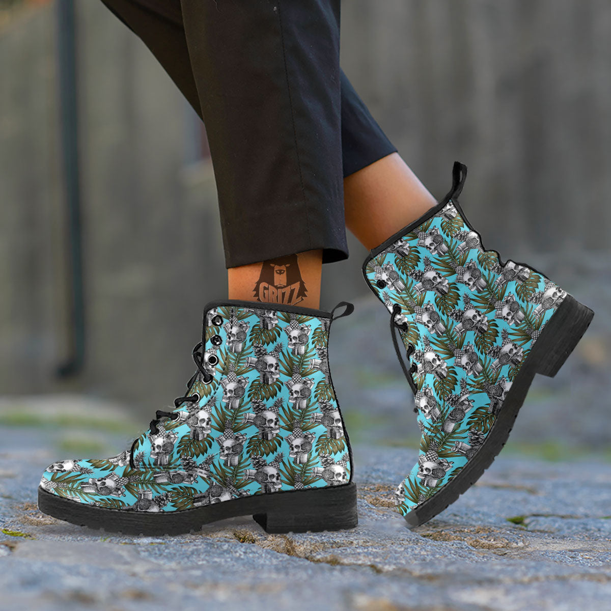 Skull Pineapple Tropical Print Pattern Leather Boots-grizzshop