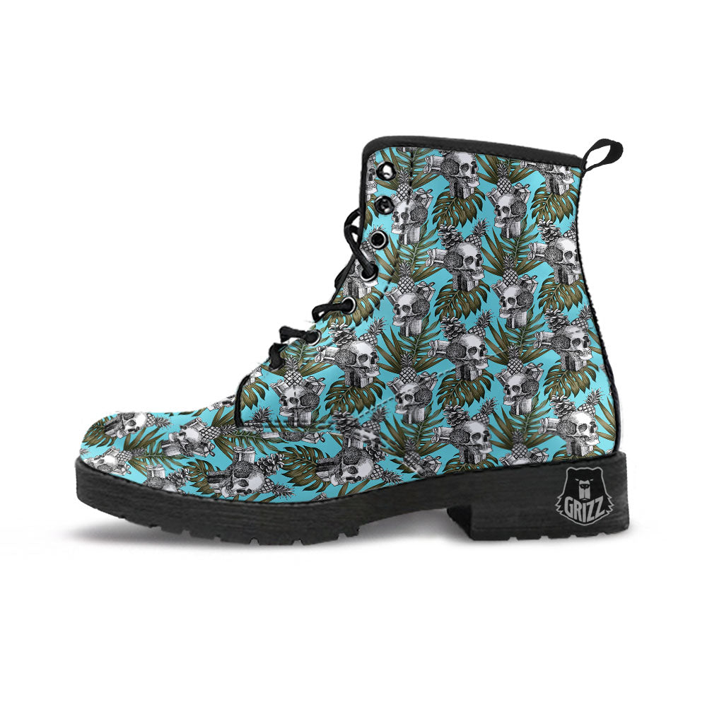 Skull Pineapple Tropical Print Pattern Leather Boots-grizzshop