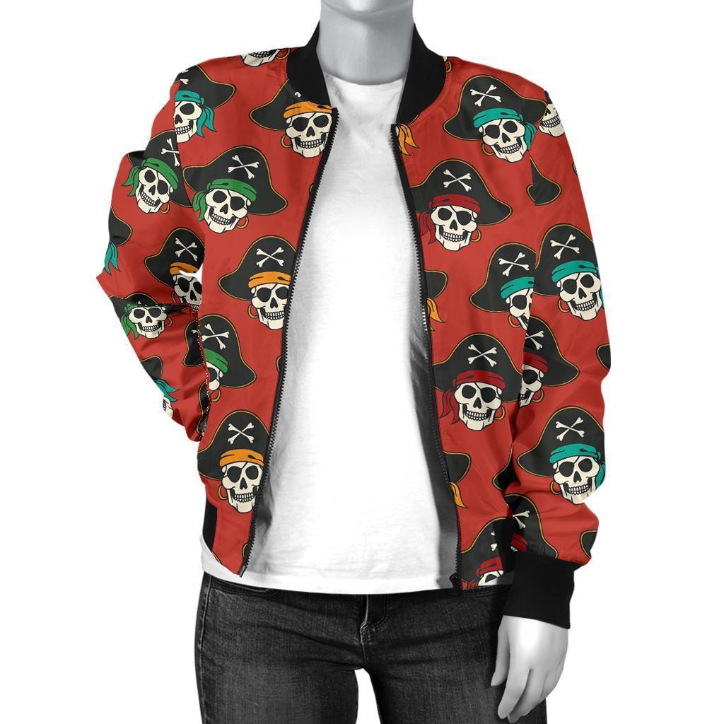 Skull Pirate Print Pattern Women Casual Bomber Jacket-grizzshop
