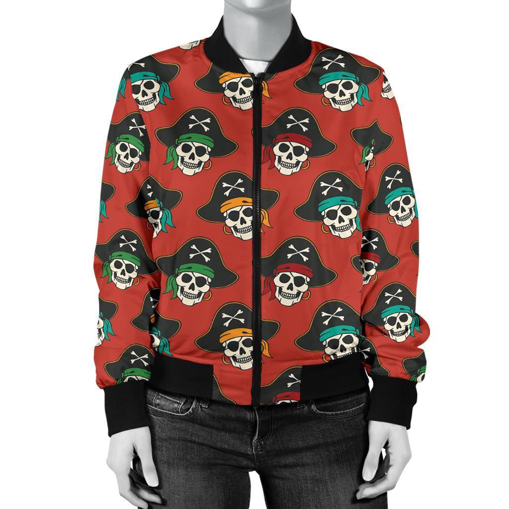 Skull Pirate Print Pattern Women Casual Bomber Jacket-grizzshop