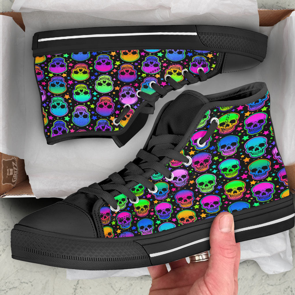 Skull Psychedelic Print Pattern Black High Top Shoes-grizzshop