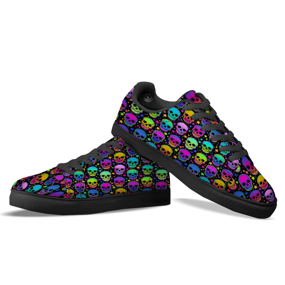 Skull Psychedelic Print Pattern Black Low Top Sneakers-grizzshop
