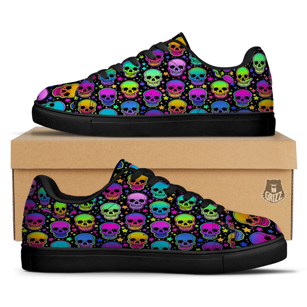 Skull Psychedelic Print Pattern Black Low Top Sneakers-grizzshop