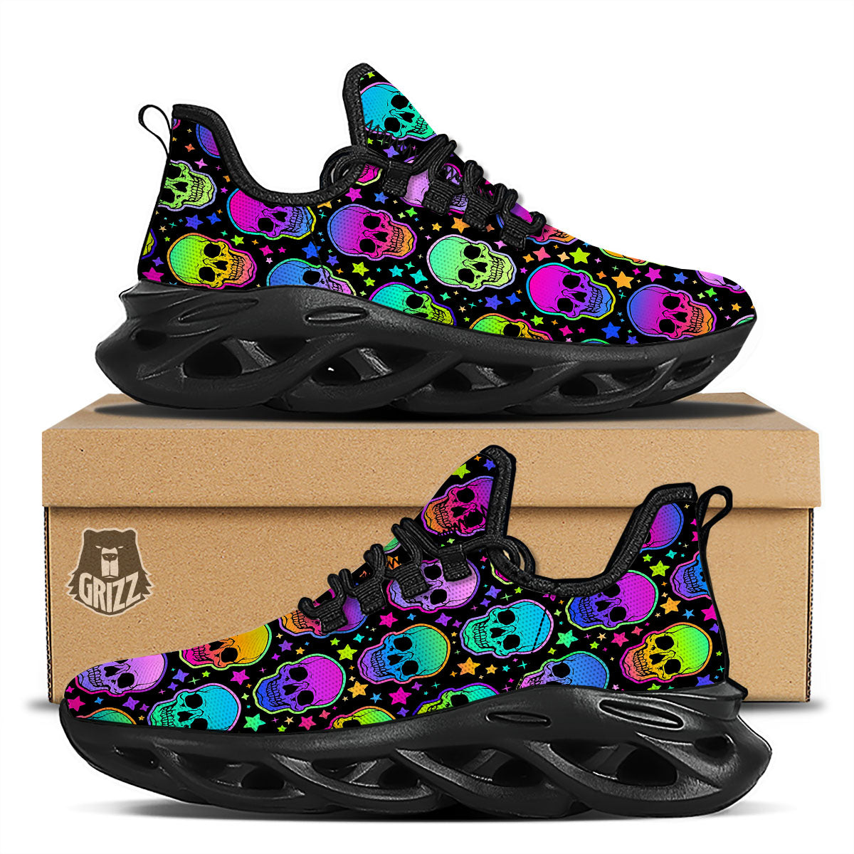 Skull Psychedelic Print Pattern Black Running Shoes-grizzshop