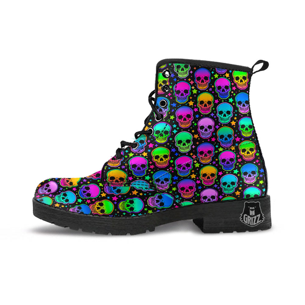 Skull Psychedelic Print Pattern Leather Boots-grizzshop