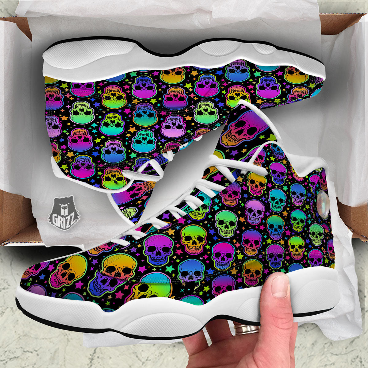 Skull Psychedelic Print Pattern White Basketball Shoes-grizzshop