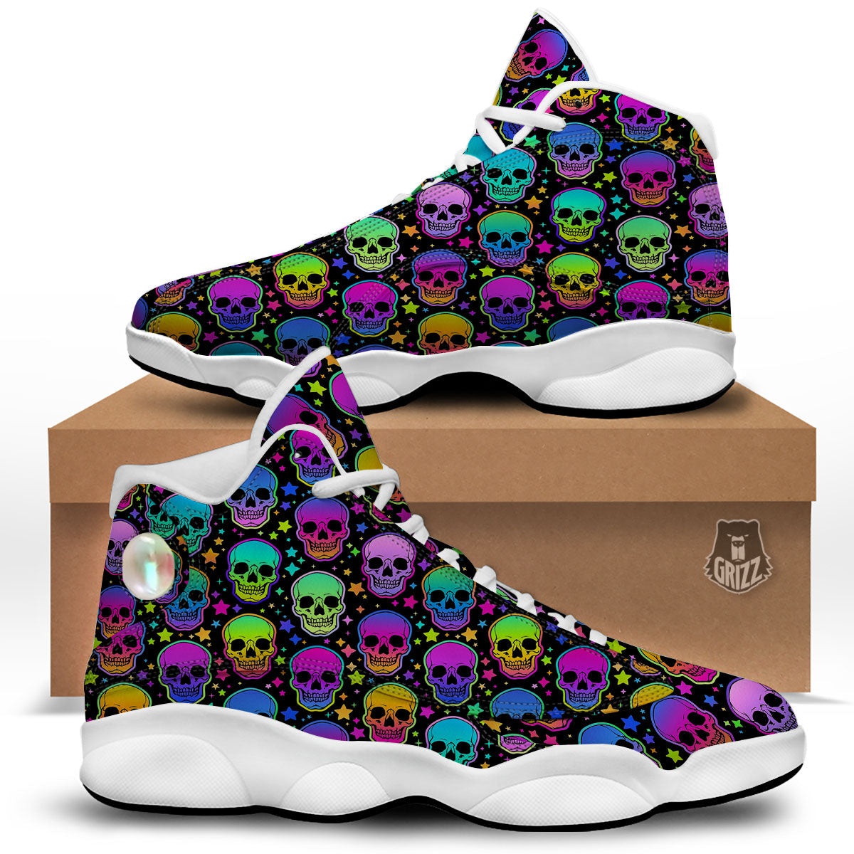 Skull Psychedelic Print Pattern White Basketball Shoes-grizzshop