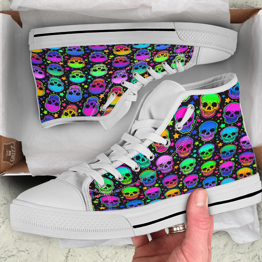 Skull Psychedelic Print Pattern White High Top Shoes-grizzshop