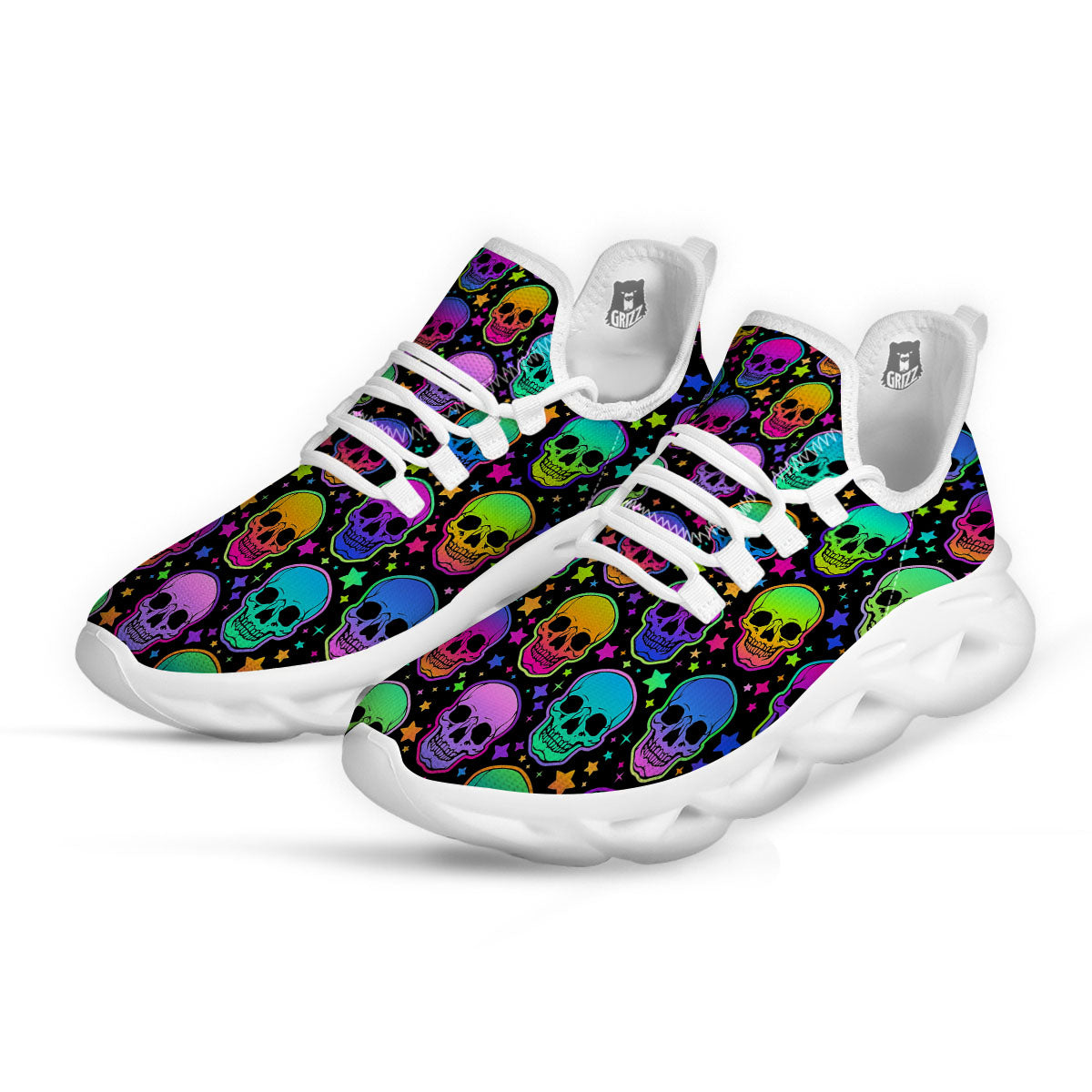 Skull Psychedelic Print Pattern White Running Shoes-grizzshop