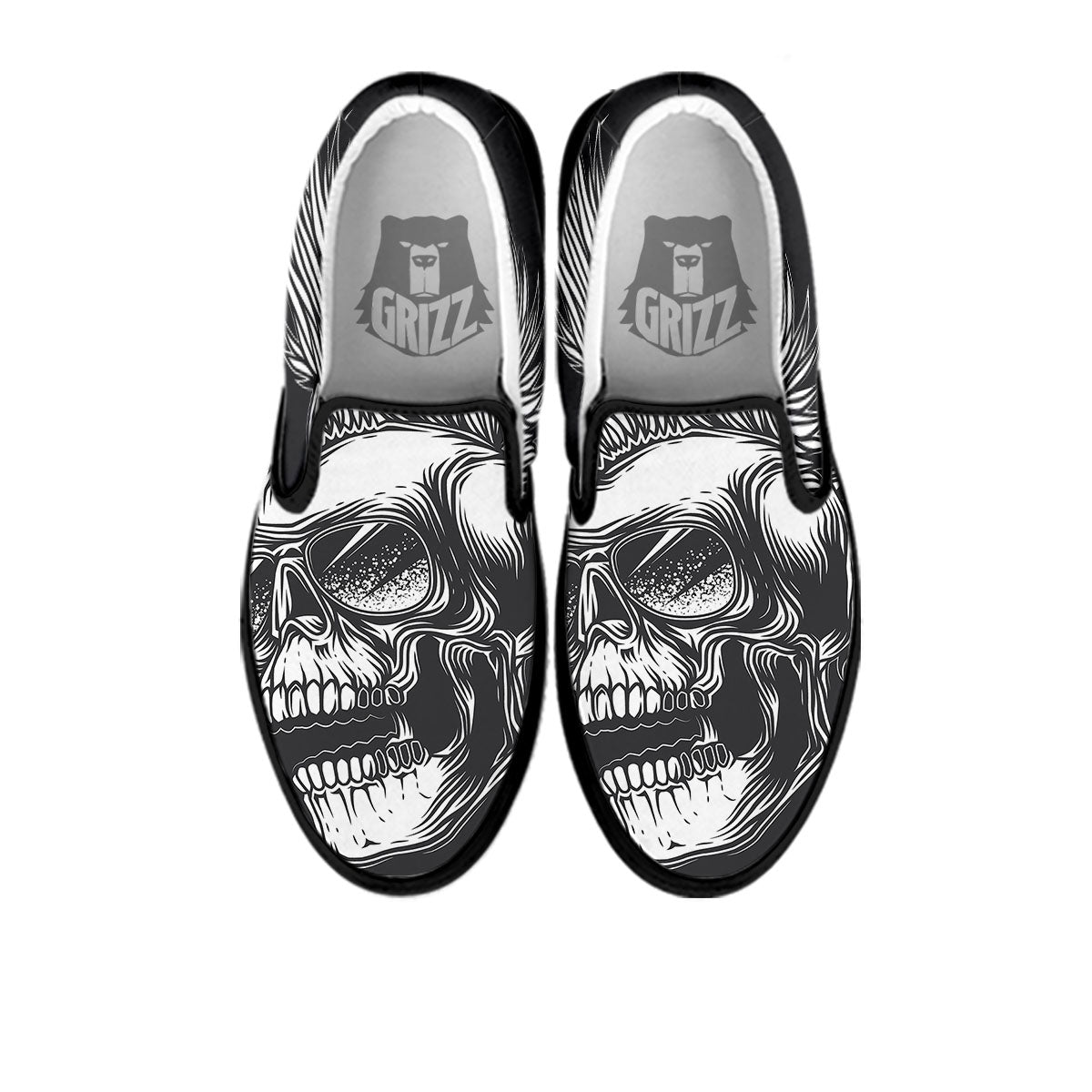 Skull Punk Monochrome Print Black Slip On Shoes-grizzshop
