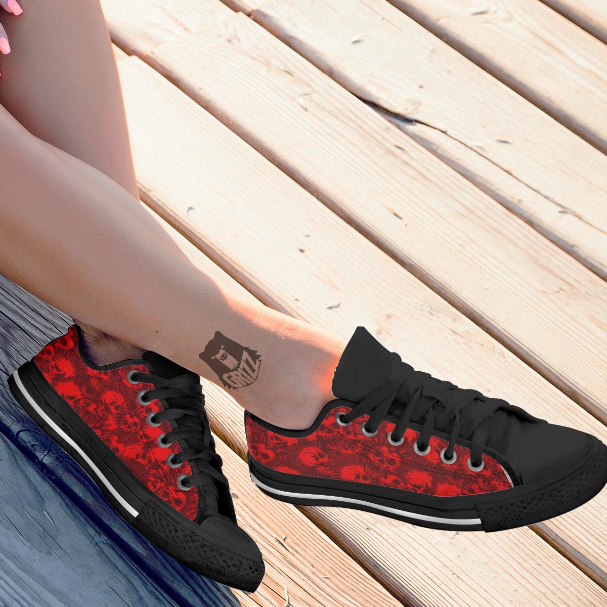 Skull Punk Red Print Pattern Black Low Top Shoes-grizzshop