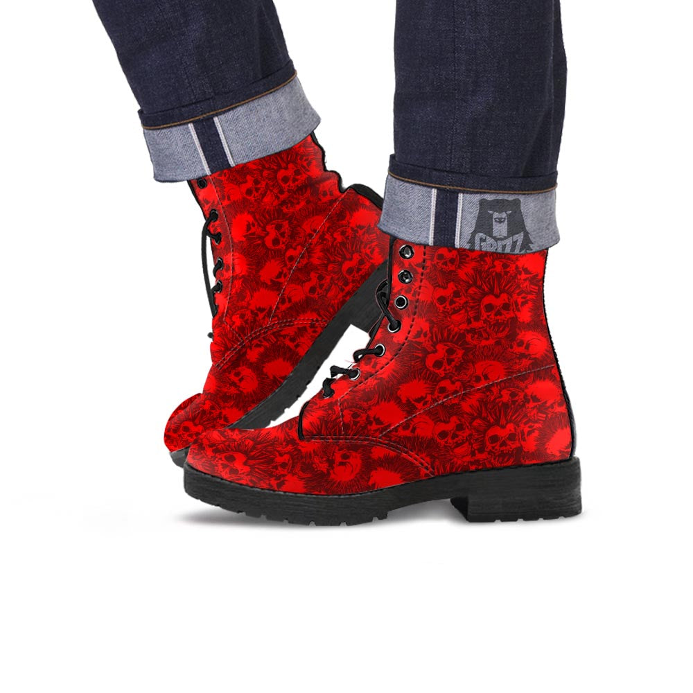 Skull Punk Red Print Pattern Leather Boots-grizzshop