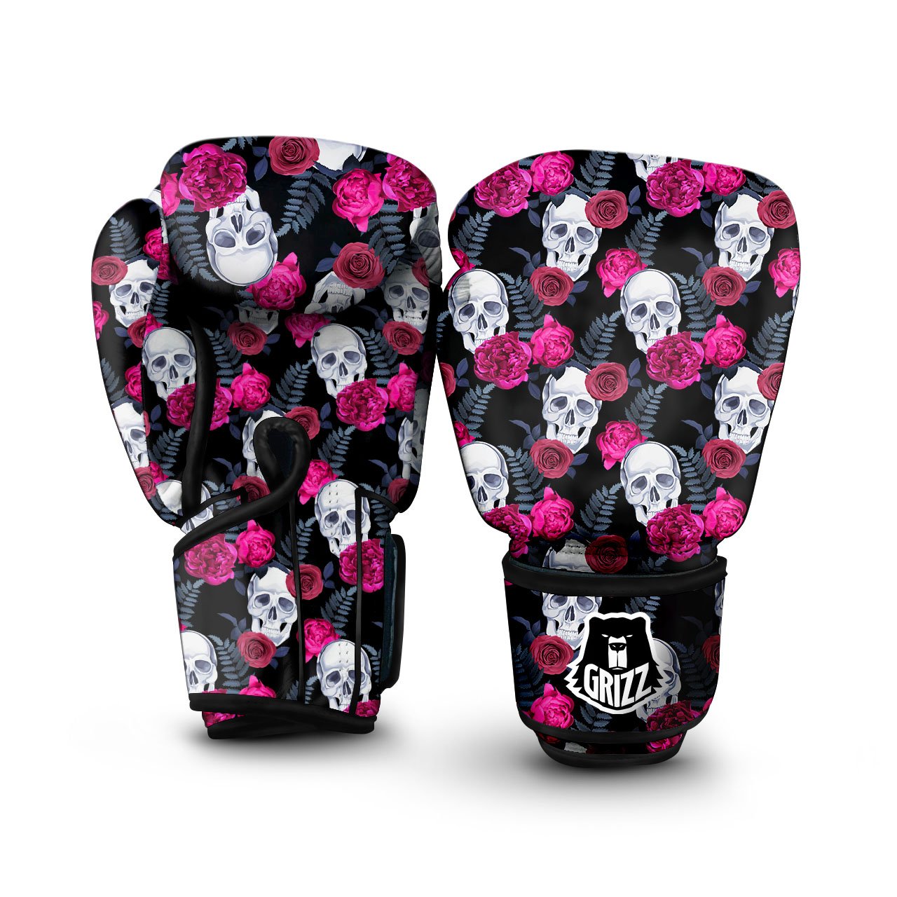 Skull Red Peony Print Pattern Boxing Gloves-grizzshop