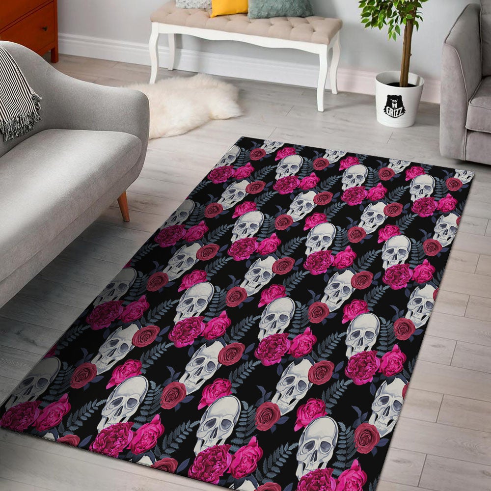 Skull Red Peony Print Pattern Floor Mat-grizzshop