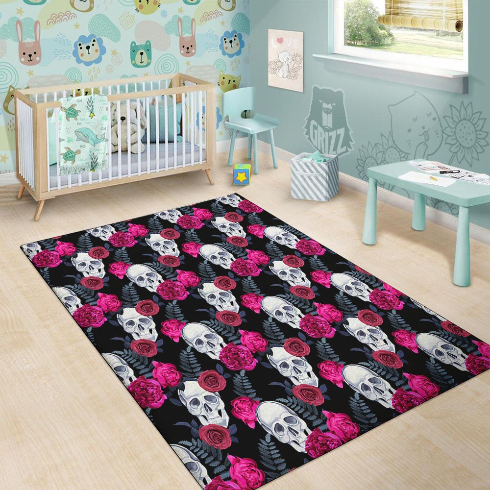 Skull Red Peony Print Pattern Floor Mat-grizzshop