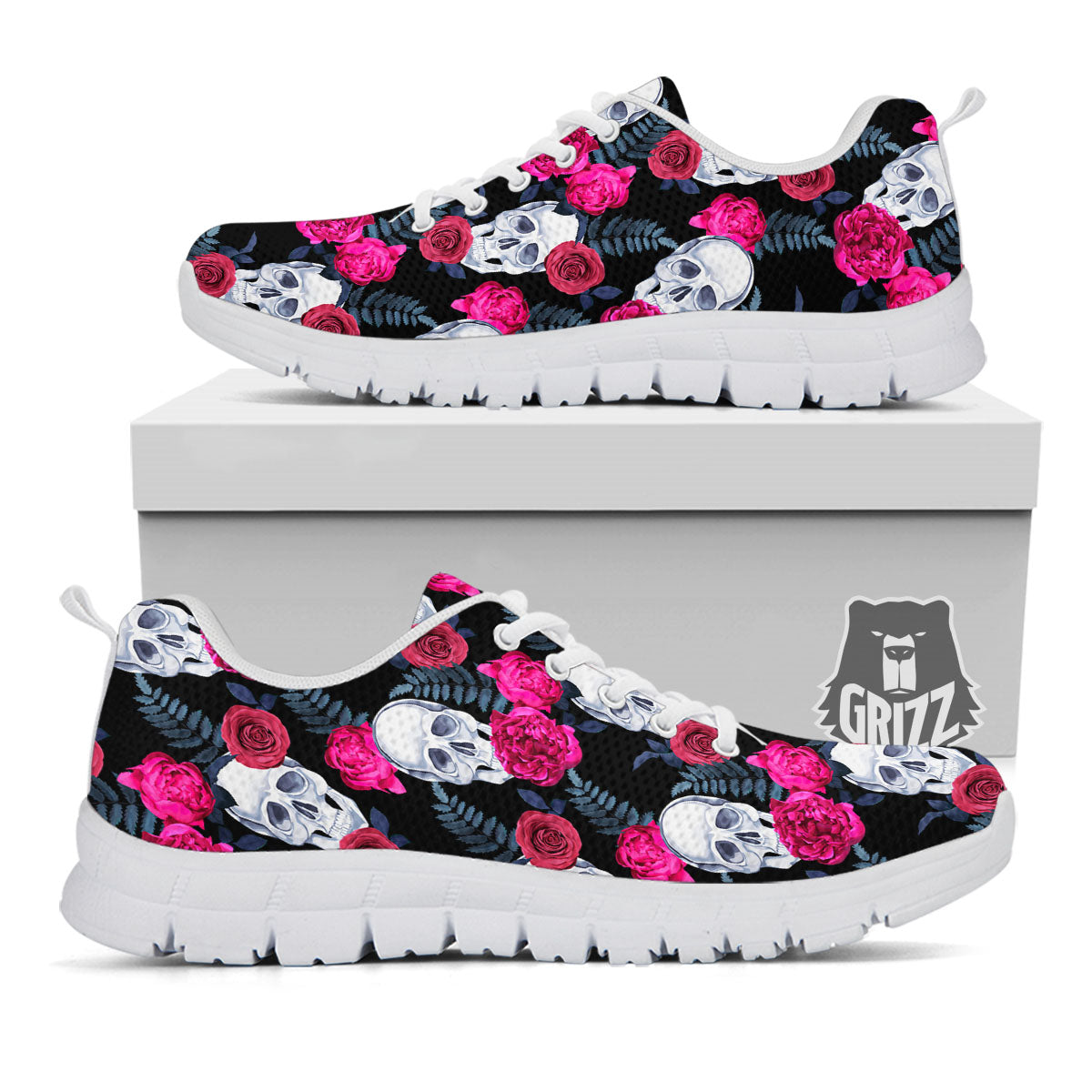 Skull Red Peony Print Pattern White Sneaker-grizzshop