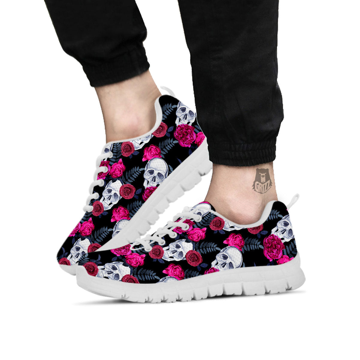 Skull Red Peony Print Pattern White Sneaker-grizzshop