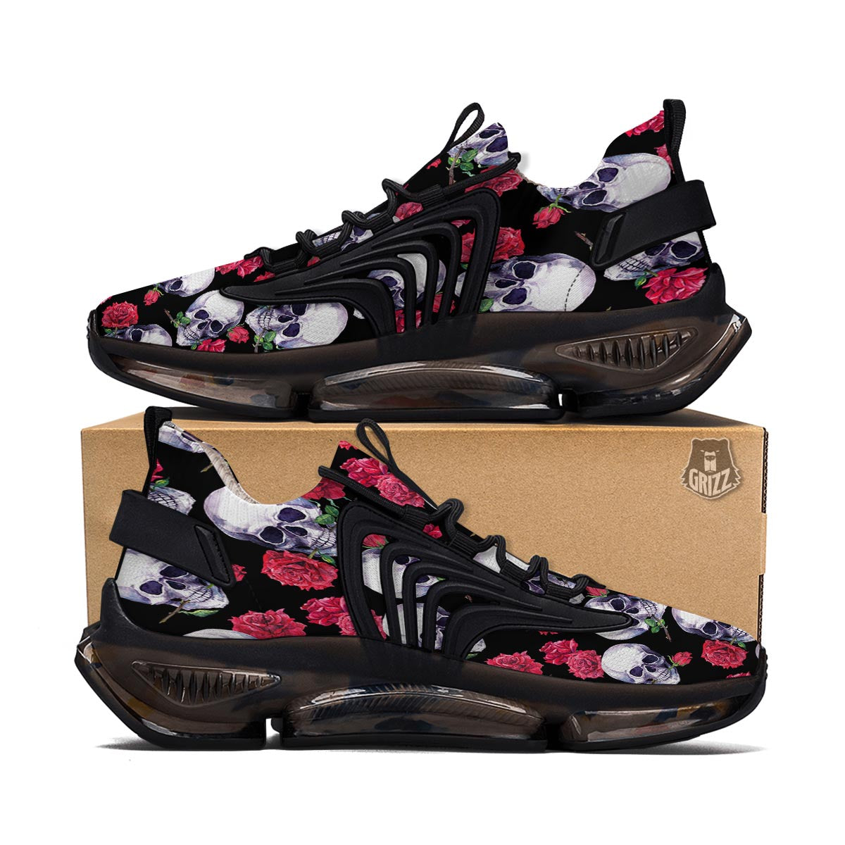 Skull Red Rose Print Pattern Black Gym Shoes-grizzshop