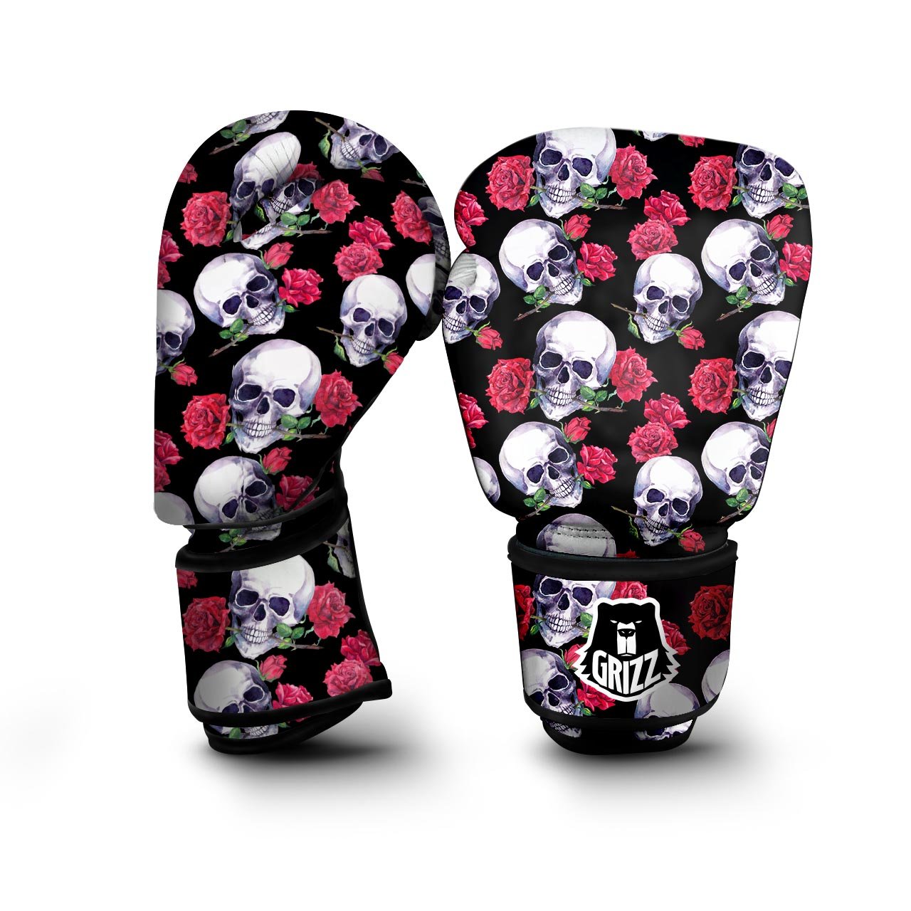 Skull Red Rose Print Pattern Boxing Gloves-grizzshop
