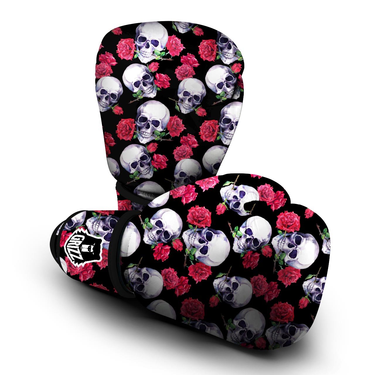 Skull Red Rose Print Pattern Boxing Gloves-grizzshop