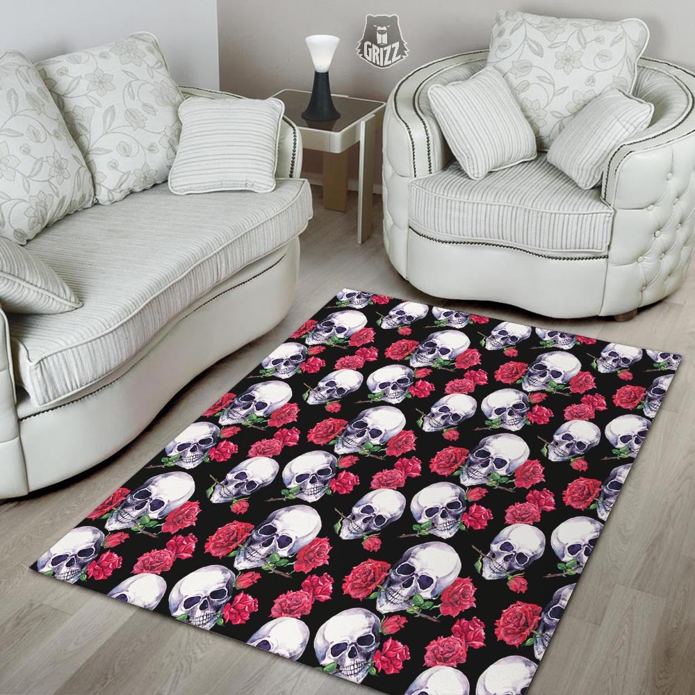 Skull Red Rose Print Pattern Floor Mat-grizzshop