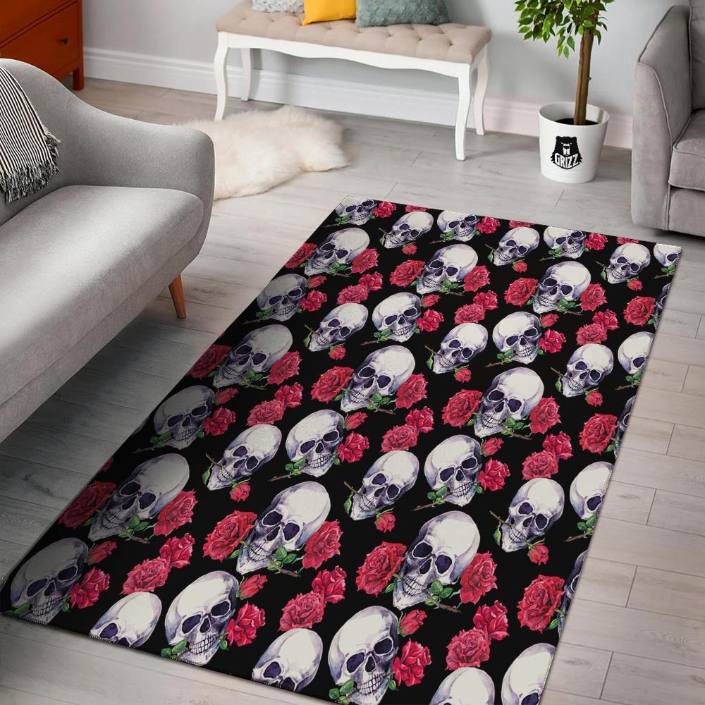 Skull Red Rose Print Pattern Floor Mat-grizzshop