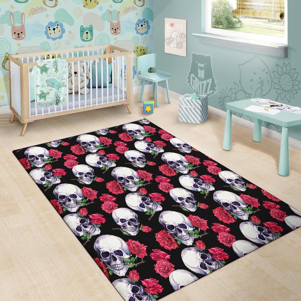 Skull Red Rose Print Pattern Floor Mat-grizzshop