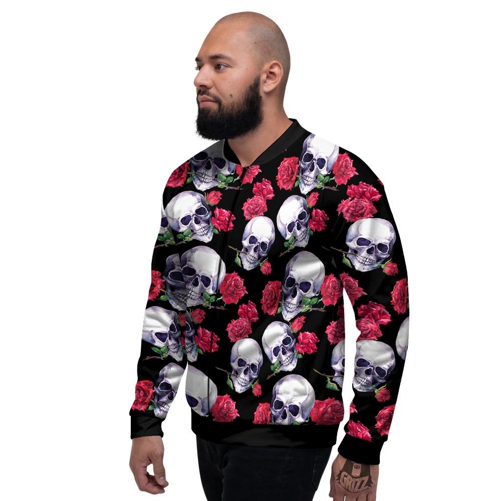 Skull Red Rose Print Pattern Men's Bomber Jacket-grizzshop