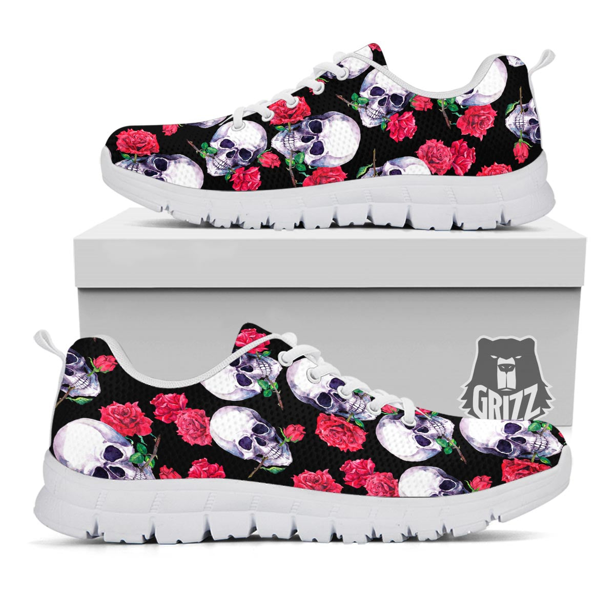 Skull Red Rose Print Pattern White Sneaker-grizzshop