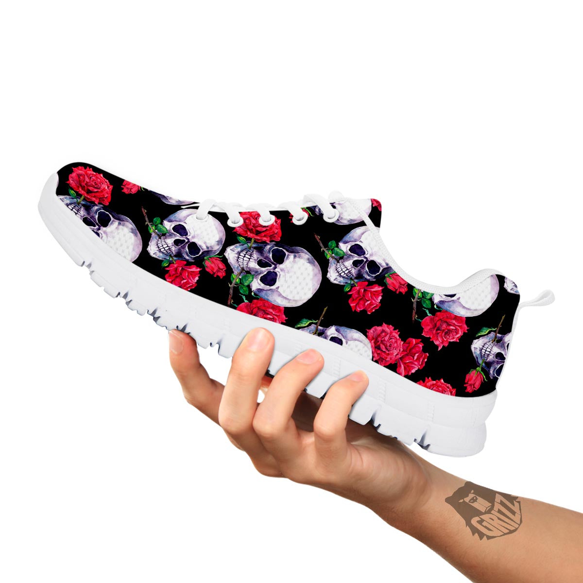 Skull Red Rose Print Pattern White Sneaker-grizzshop
