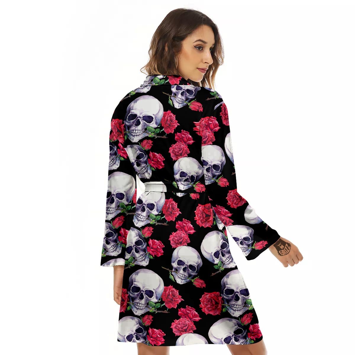 Skull Red Rose Print Pattern Women's Robe-grizzshop