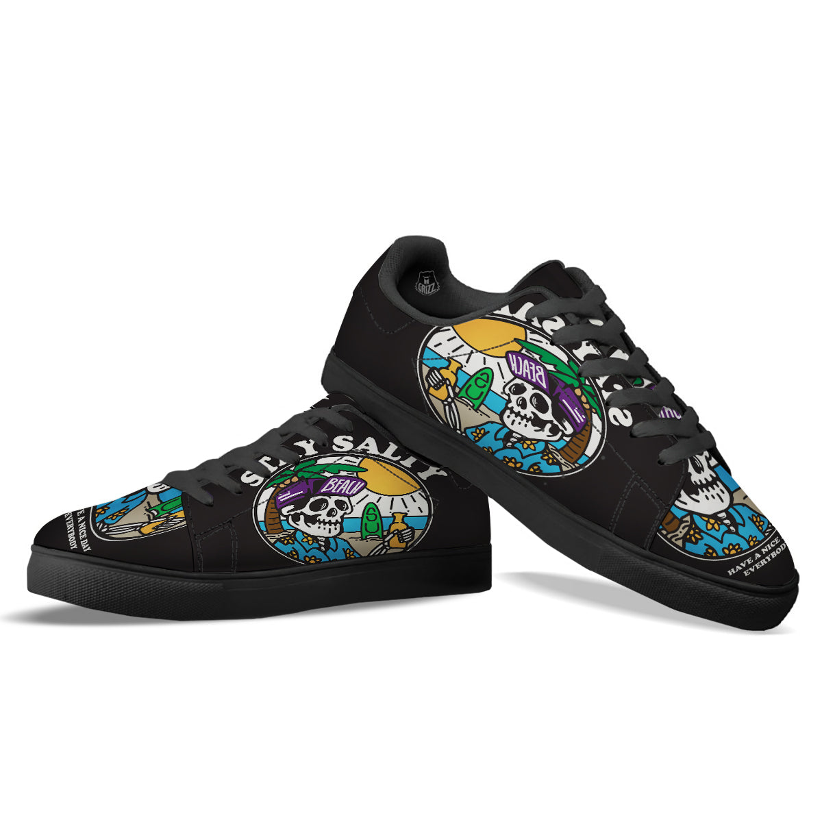 Skull Relax On Beach Print Black Low Top Sneakers-grizzshop